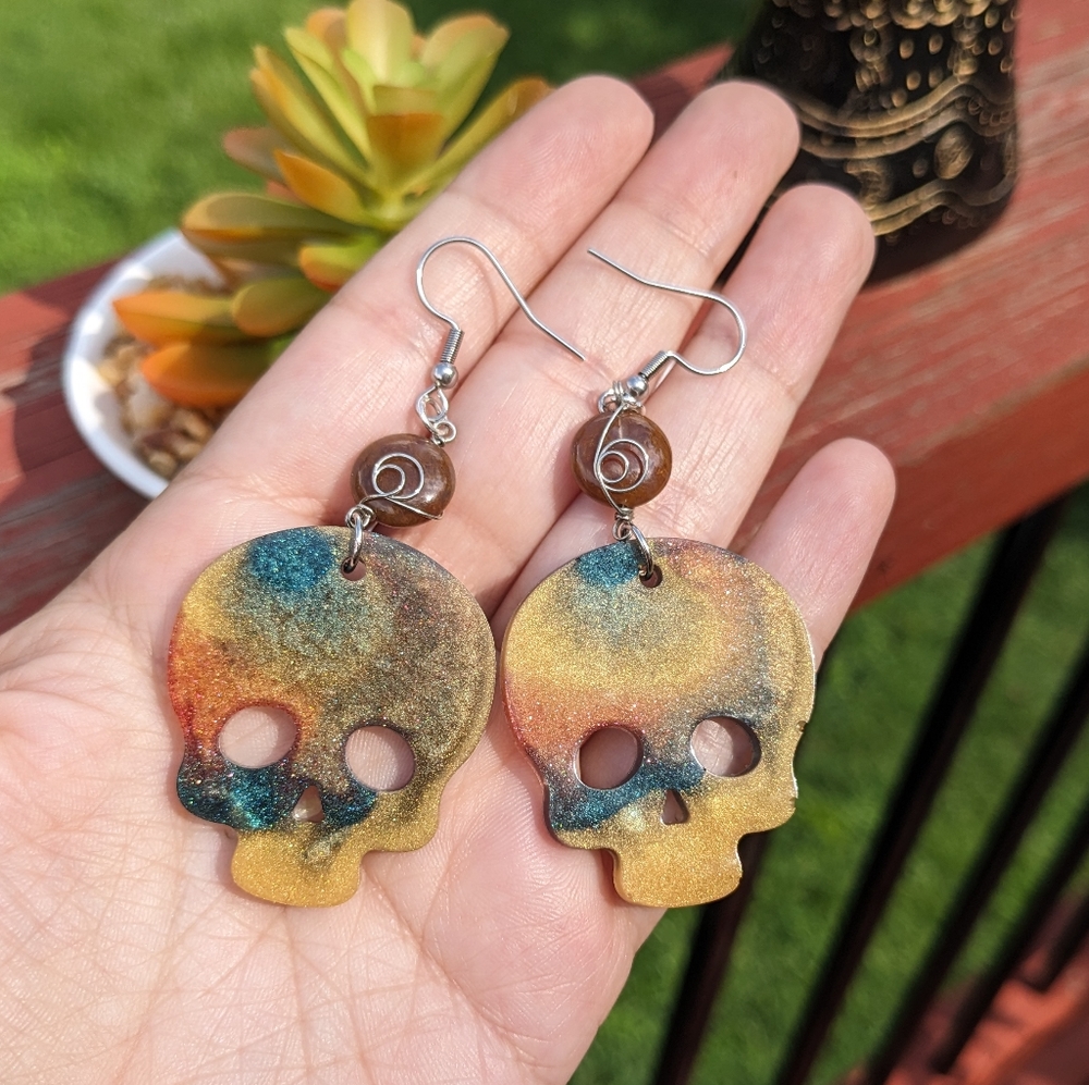 💀sold💀Fancy Jasper Earrings Beads Resin Skull Silver Wire Wrapped Resin